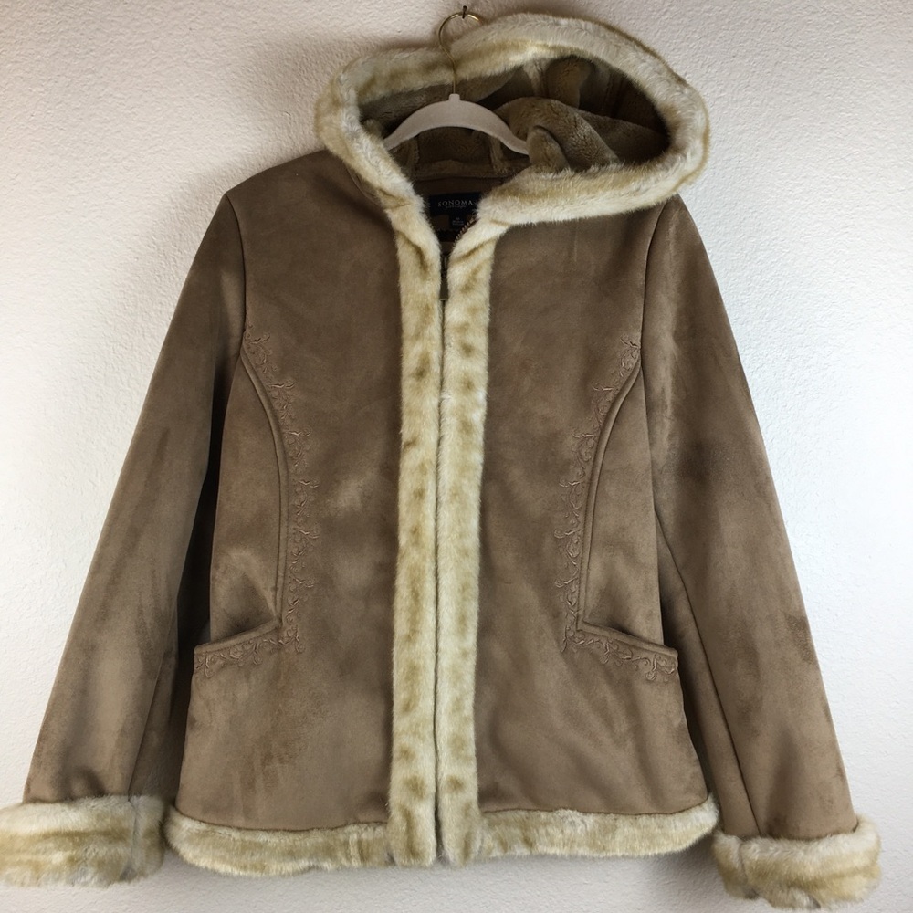 Sonoma Life + Style Tan Coat Heavy Jacket Faux Suede Faux Fur Hooded Zip Size M